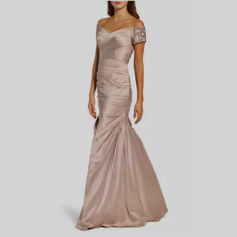 NWOT La Femme 25996 Off the Shoulder Beaded Satin Trumpet Gown, Size 2